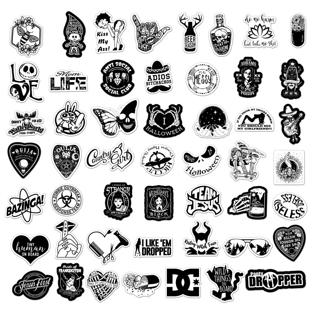 50PCS Black and White Punk Graffiti Motorbike Helmet Stickers Waterproof Rear Trunk Sticker Motorcycle Body Scratch Cover Decals