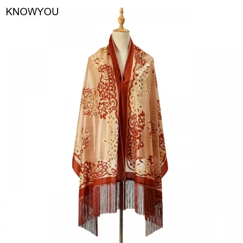 190*70Cm chales de lujo de terciopelo Jacquard Pashmina señora elegante chal de fiesta de noche capa larga con borlas mujeres Qipao Echarpes