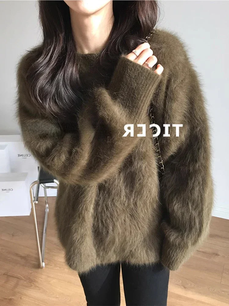 Blue Mink Fleece Sweater for Women Autumn Winter Thickened Soft Knitted Jumpers LOOSE Oversized Solid O Neck Women\'s Pullovers