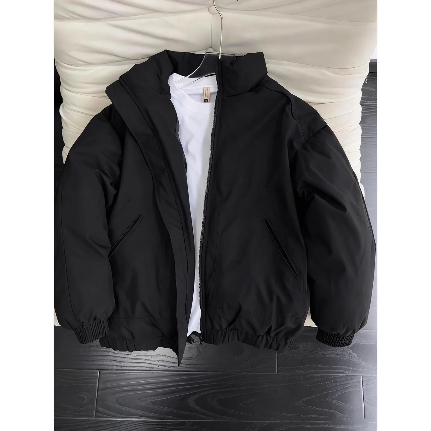 

Men's Black American-Style Flight Jacket, Winter Three-Proof Thickened Down Coat, Stand-Up Collar Cotton Coat
