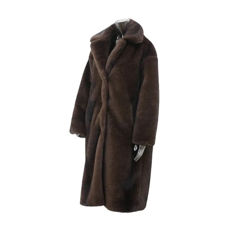 Women's Dark Brown Faux Fur Long Overcoat Single Breasted Fleece Long Trench Coat Winter Fluffy Plush Warm New Thicken Outerwear