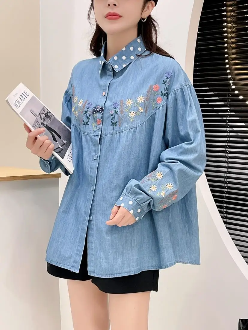 2025 Women Denim Blouses Elegant and Youth Woman Blouses Japan Style Long Sleeve Embroidered Jean Shirts