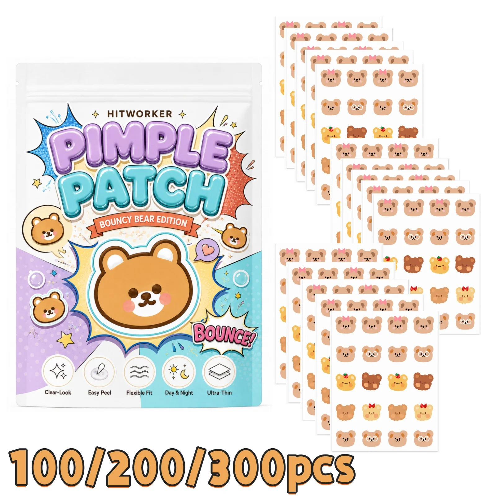 100/200/300Pcs Cute Bear Face Patches, Cartoon Bear-Shaped Skin Care Stickers, Comfortable Fit, Easy Peel Design for Daily Beaut