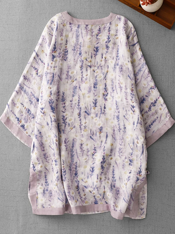 Artistique Lav imprimé coton lin Midi Dr grande taille femmes t-shirt quart Sve bouton Plaet col montant Dr
