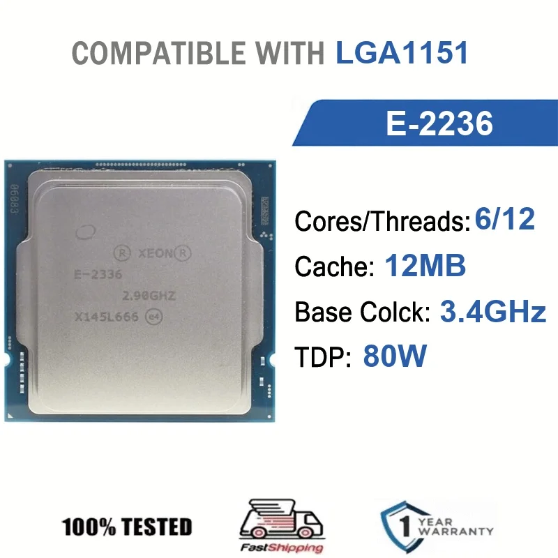 Intel Xeon E-2236 6 cœurs 12 threads 3,4 GHz 80 W 12 Mo de cache 14 nm LGA 1151 SRF7G DDR4 2666 MHz Coffee Lake-S WS UHD Graphics P630