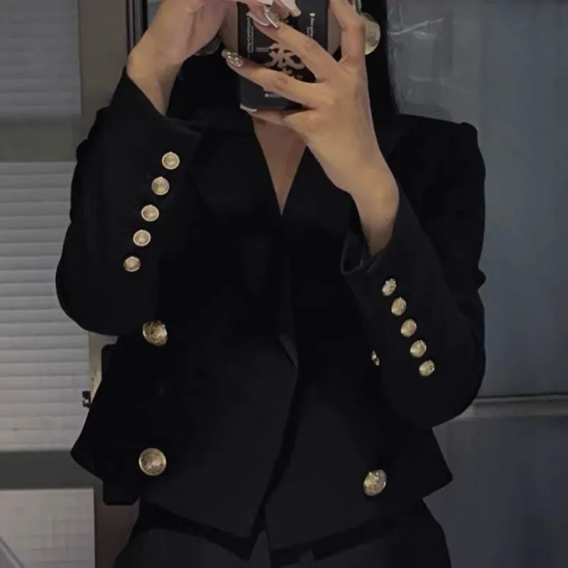 Luxury Brand Autumn Cropped Jackets Women Black Blazer Lapel Metal Button Long Sleeves Office Lady Coat Cropped Blazer Short Top