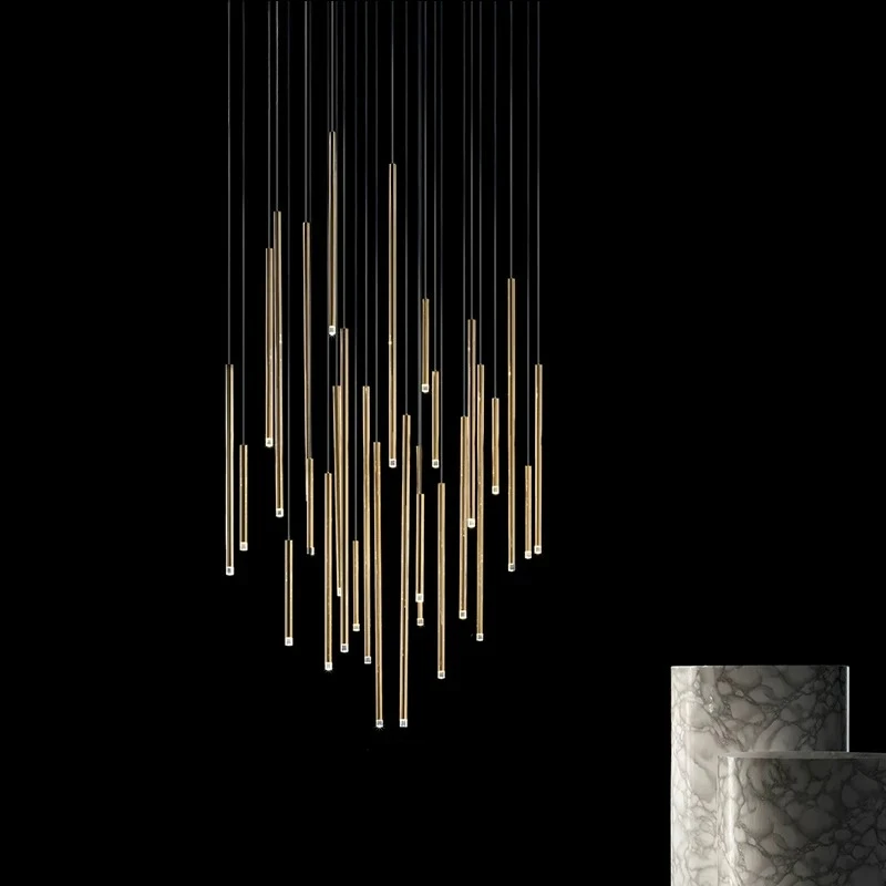 Minimalist Rose Gold Tube LED Chandelier Multi Rod Linear Pendant Light Modern Hanging Lamp for Dining Room Kitchen Island