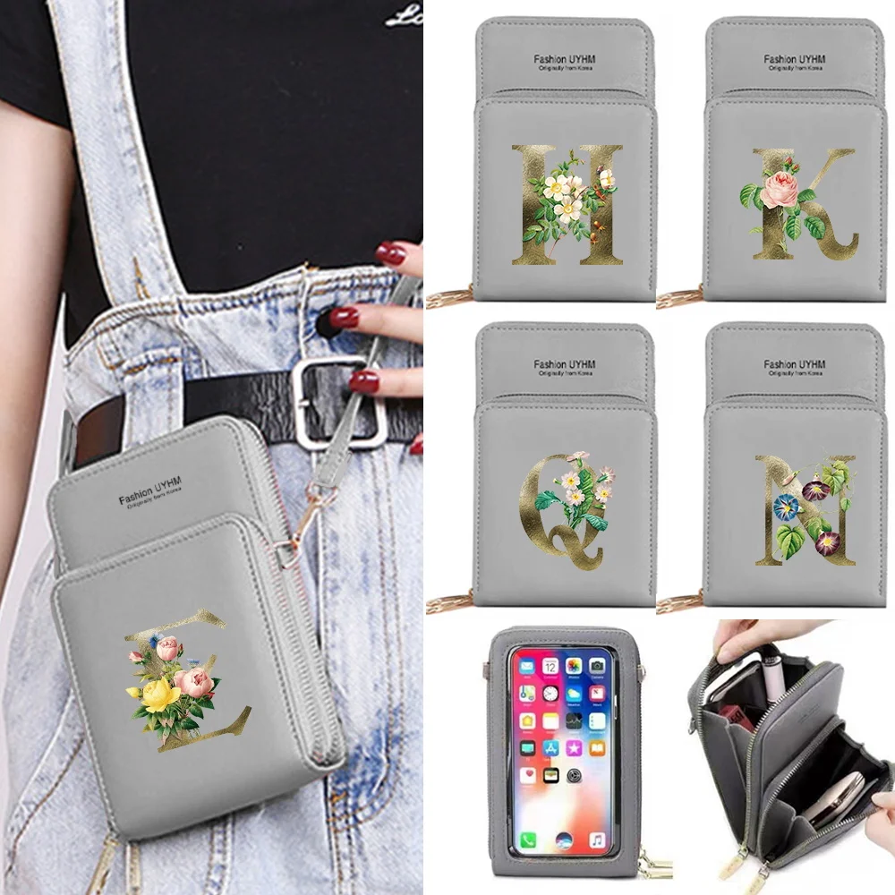 Phone Bag Portable Women Organizer for Easy Sunset Stroll Storing ID Smartphone Golden Flower Letter Pattern Shoulder Bag