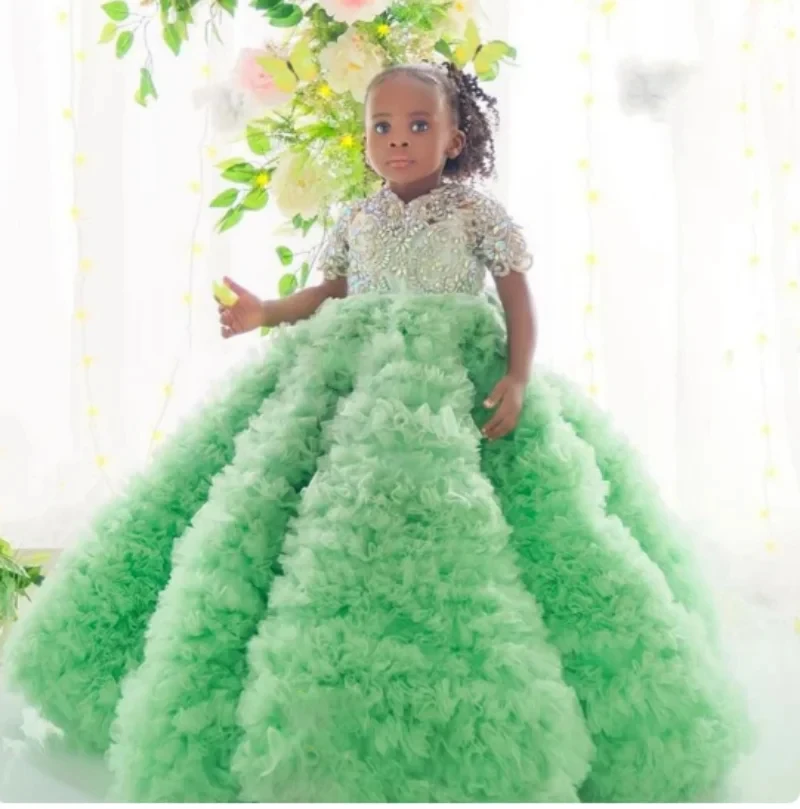 

Layered Green Flower Girl Dress For Wedding Short Sleeves Tulle Elegant Baby Princess Birthday Evening First Communion Ball Gown