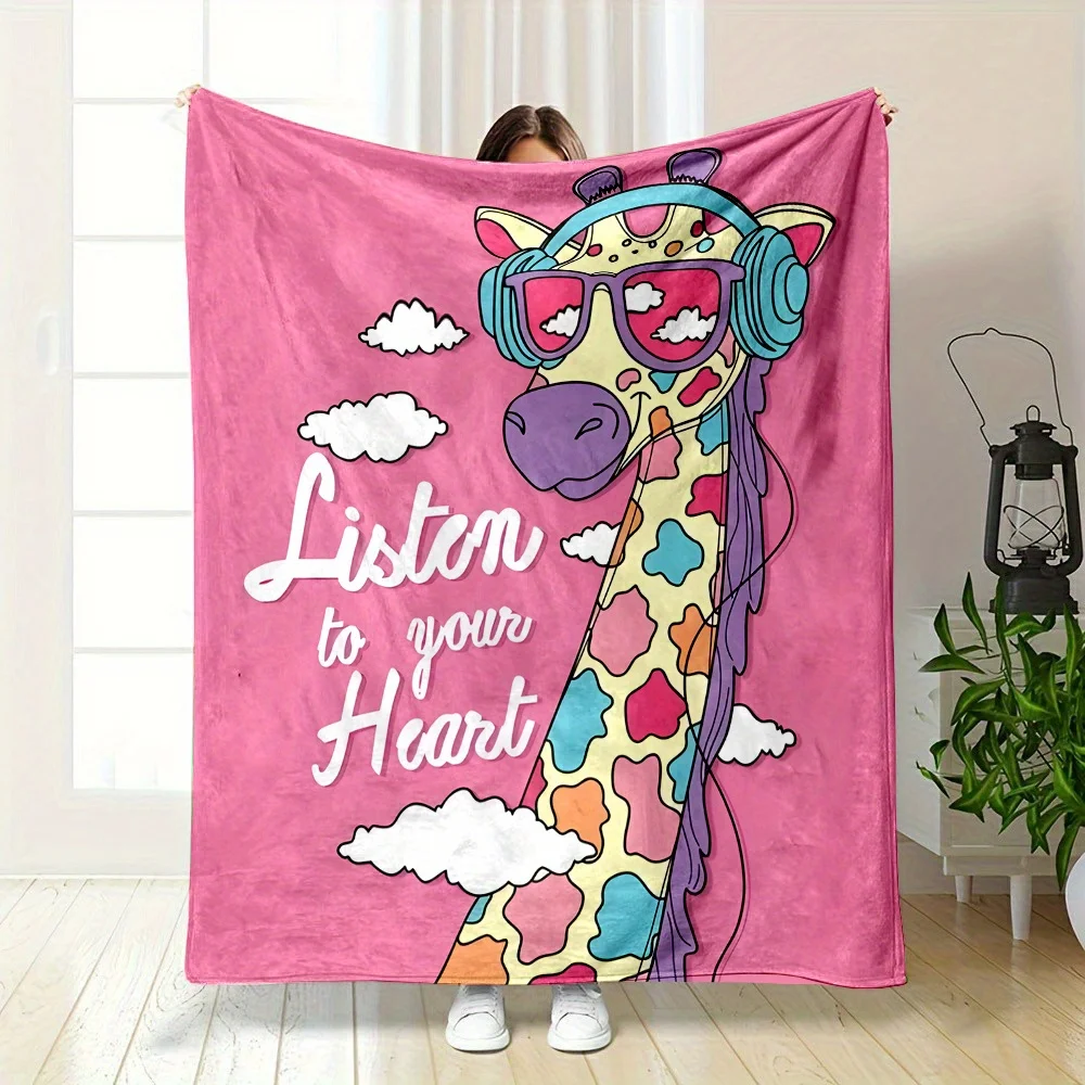 Girafa de dibujos animados con auriculares, manta de franela musical, estampado Digital de poliéster, tela no tejida ligera, Reversi acogedor
