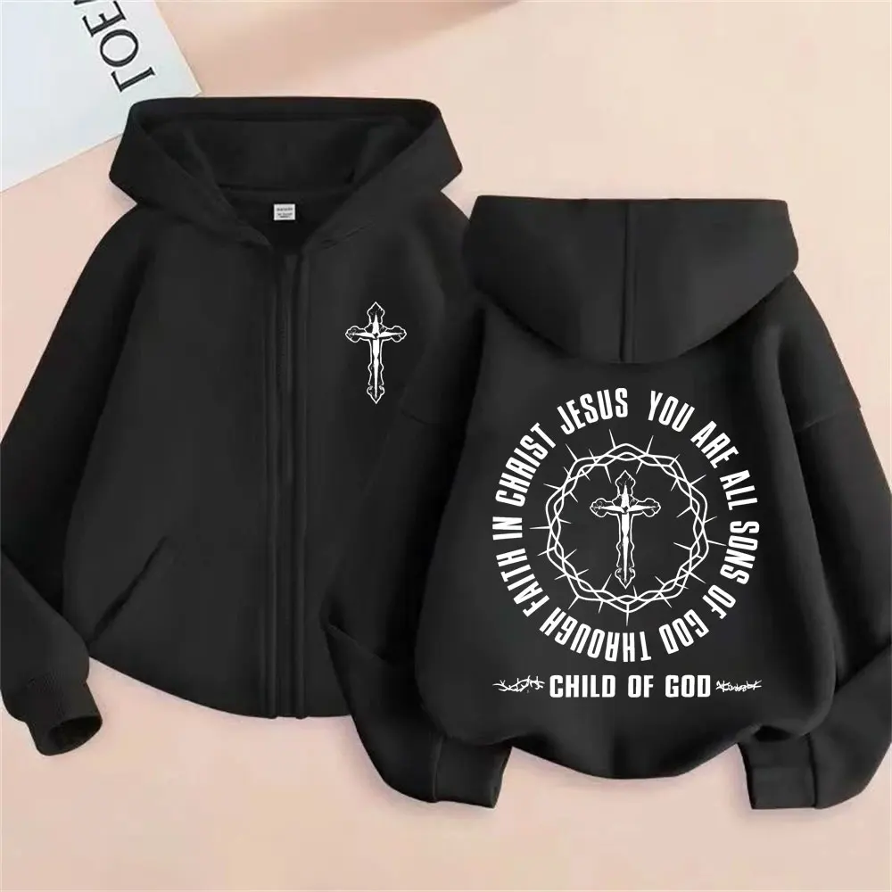 

Awesome Christian Cross Jesus Child of God Bible Verse Zipper Hoodie Men Women Hip Hop Gothic Oversized Zip Up Jacket Sweatshirt