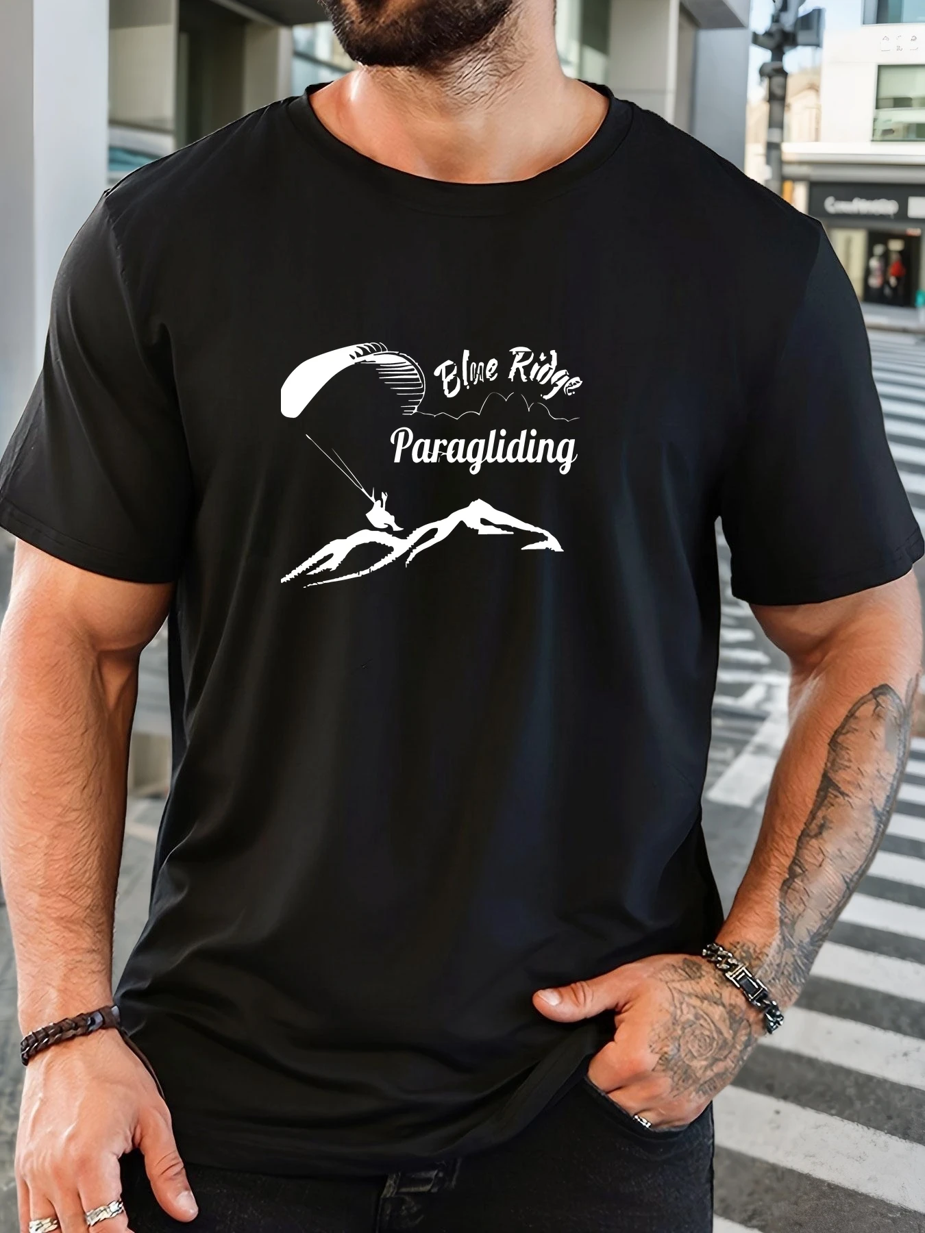 Men White Crew Neck Tee Blue Ridge Paragliding Handwritten Font Mountain Glider Sketch Extreme Sport Soft Cotton Male Short Tops