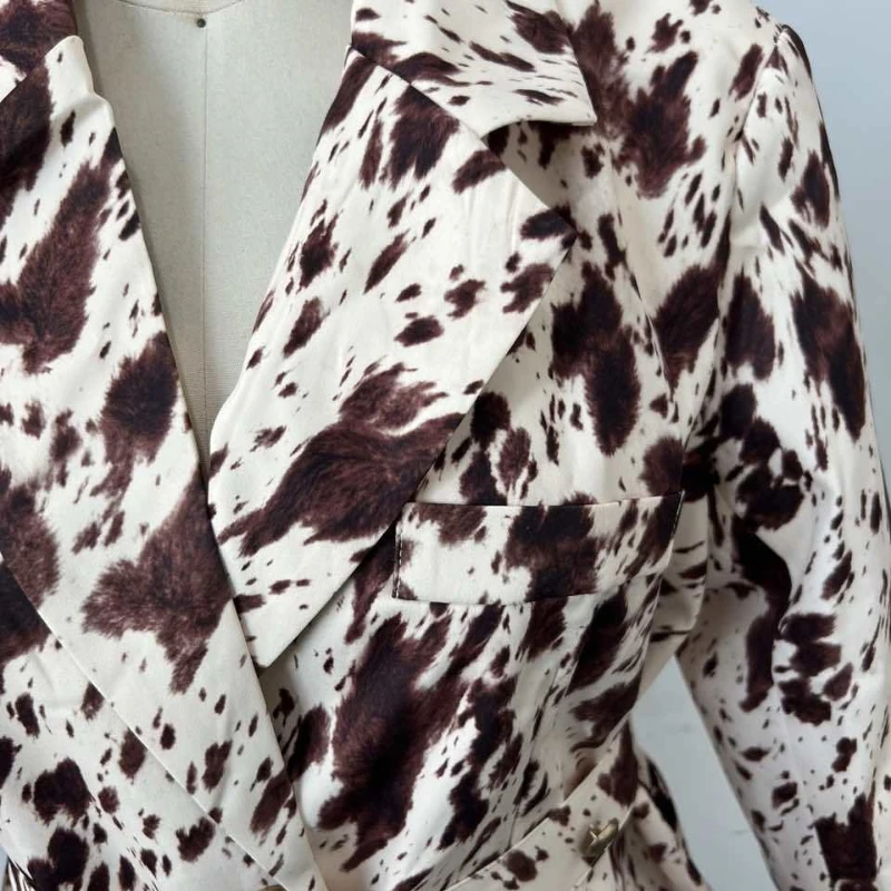 Bruin bedrukte blazer met lange mouwen, Europees en Amerikaans grensoverschrijdend herfstnieuw temperament commuter taillejack