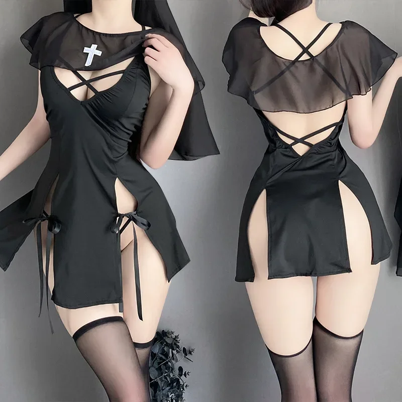 sexy superhero lingerie LureZone Sexy women nun lingerie cosplay sexy nun sexy fancy dress  Halloween party adult costume (2717black) in Kenya main image 1