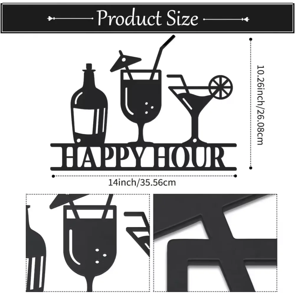 Gorgeous Happy Hour Metal Wall Decoration. Home and Bar. Vintage Sign for Elegant Hot Drinks Presentation. Hot Drinks Sign