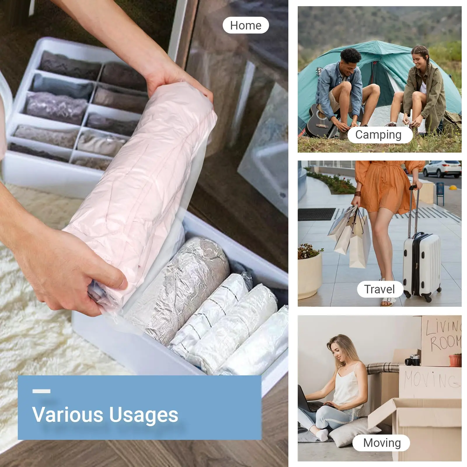 8er-Pack Roll-Up Kompressionsbeutel Wiederverwendbare Vakuum-Aufbewahrungsbeutel für Reiseorganisation Platzsparend im Koffer Keine Pumpe Erforderlich – Detail 1