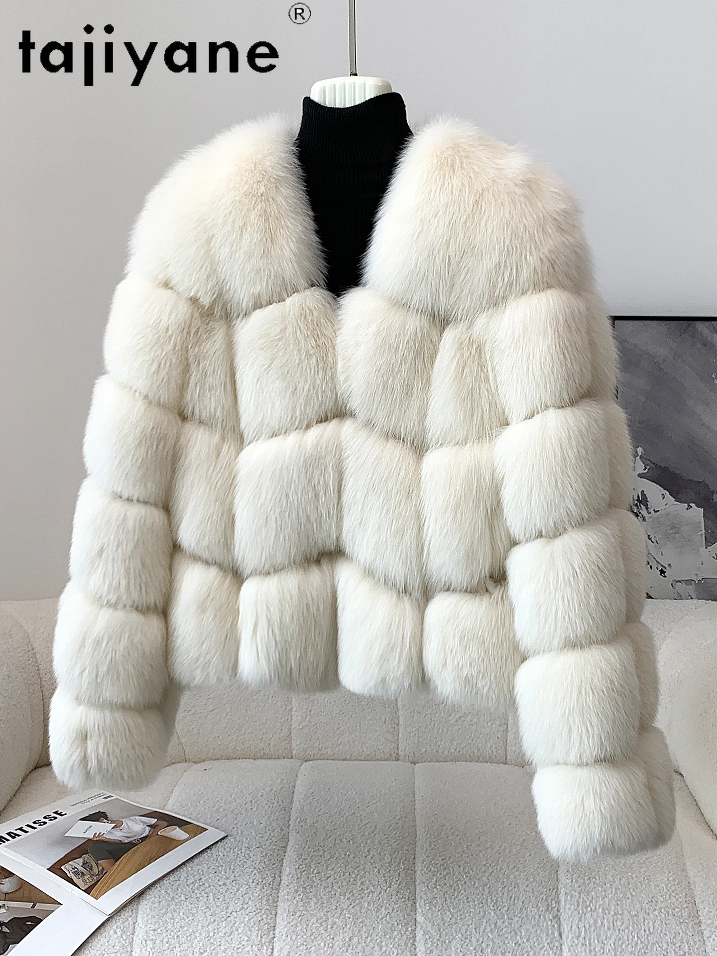 معطف فرو الثعلب الطبيعي من TAJIYANE سترات نسائية أنيقة برقبة على شكل حرف v باللون الأبيض من الفرو الحقيقي 2025 جديد في معاطف ملابس نسائية شتوية