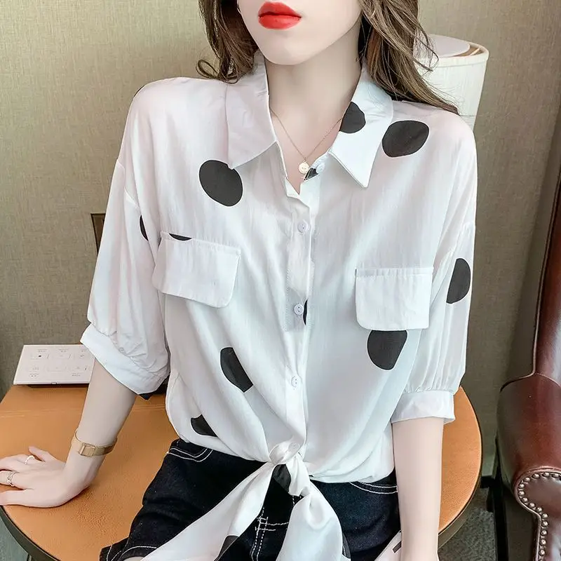 Fashion Lapel Loose Bandage Bow Polka Dot Shirt Women\'s Clothing 2023 Summer New Oversized Casual Tops Half Sleeve Korean Blouse