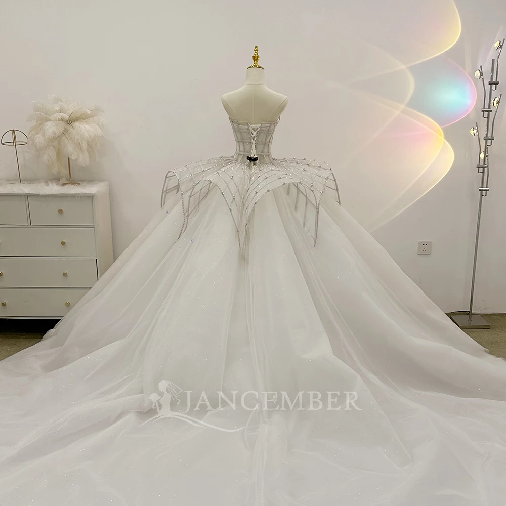 맞춤 제작된 고급 웨딩 볼 가운, 스팽글 비딩 레이스 브라이덜 드레스, 레이스업 백 슬리브리스 코트 트레인 웨딩드레스