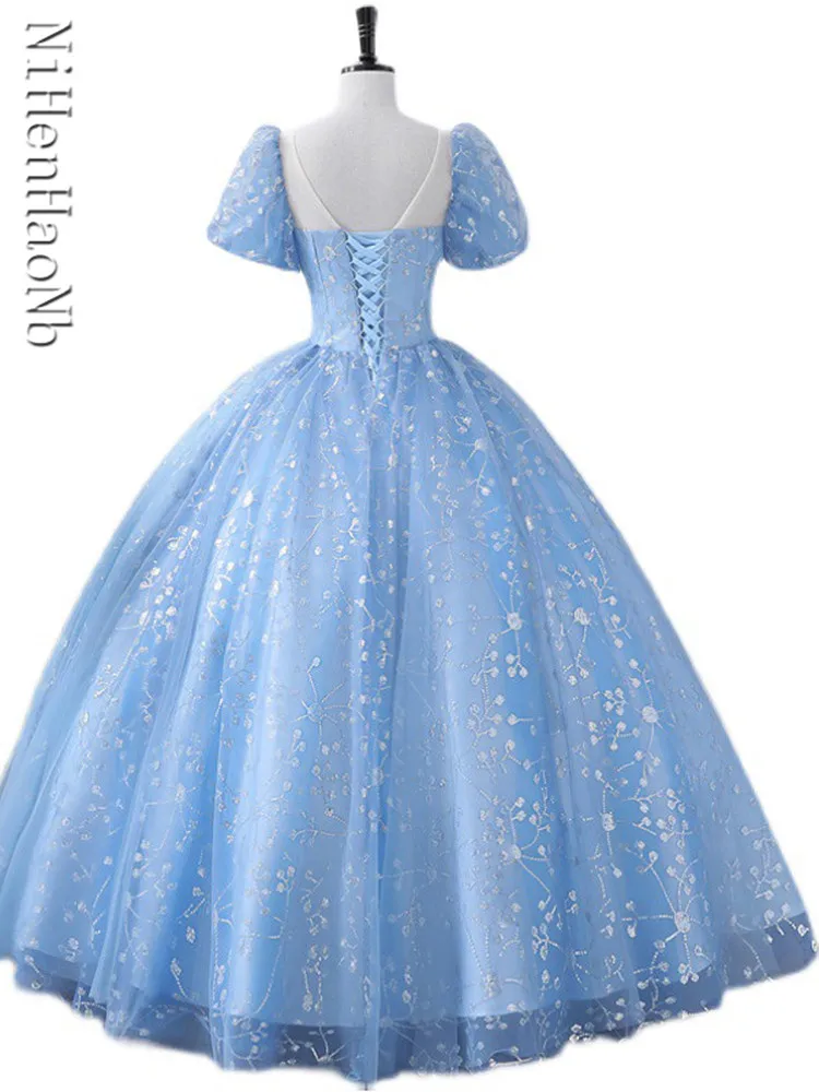 Vestido de baile com gola redonda até o chão, vestido elegante Quinceanera, vestido até o chão, azul, clássico, Debutante, Novo, 2022