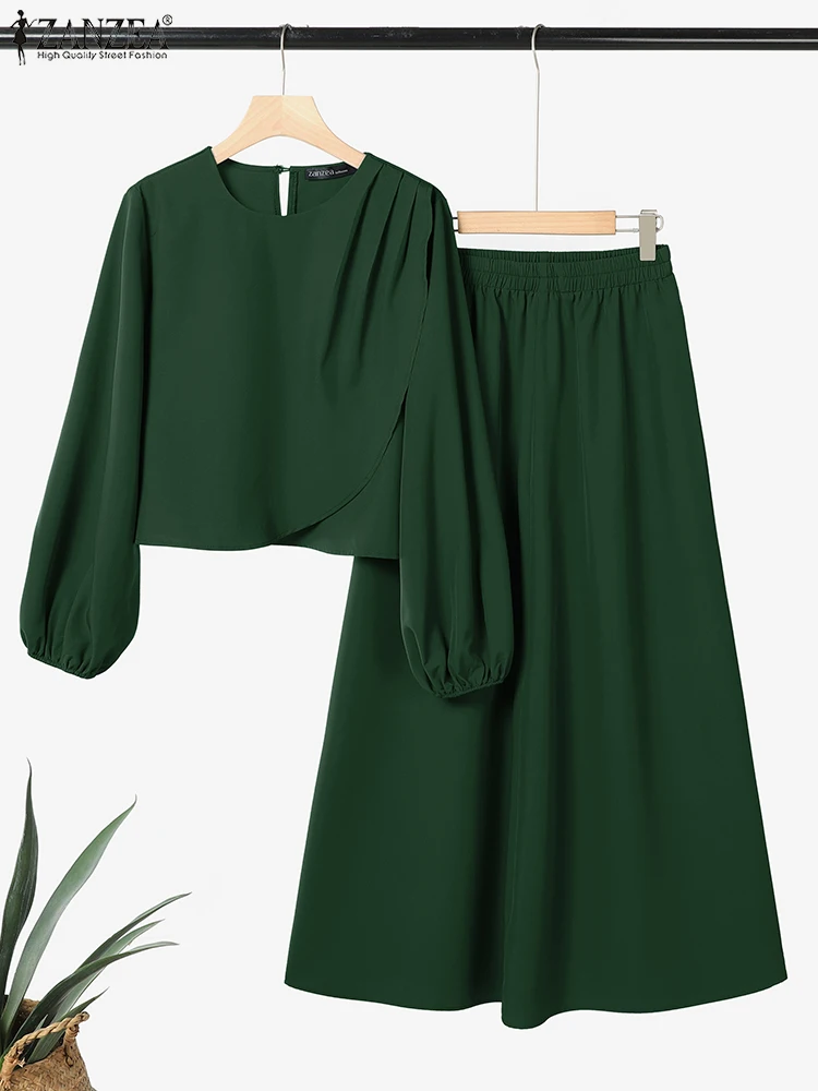 

ZANZEA Women Dress Sets Spring Long Sleeve Blouse Long Skirts 2025 Solid Elastic Waist Outfits Casual Asymmetrical Matching Sets