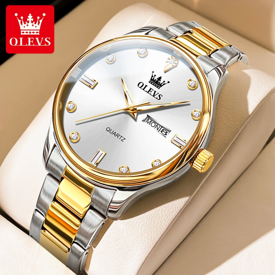 

OLEVS 3621 Fashion Quartz Watch Gift Stainless Steel Watchband Round-dial Wristwatch Week Display Calendar Luminous