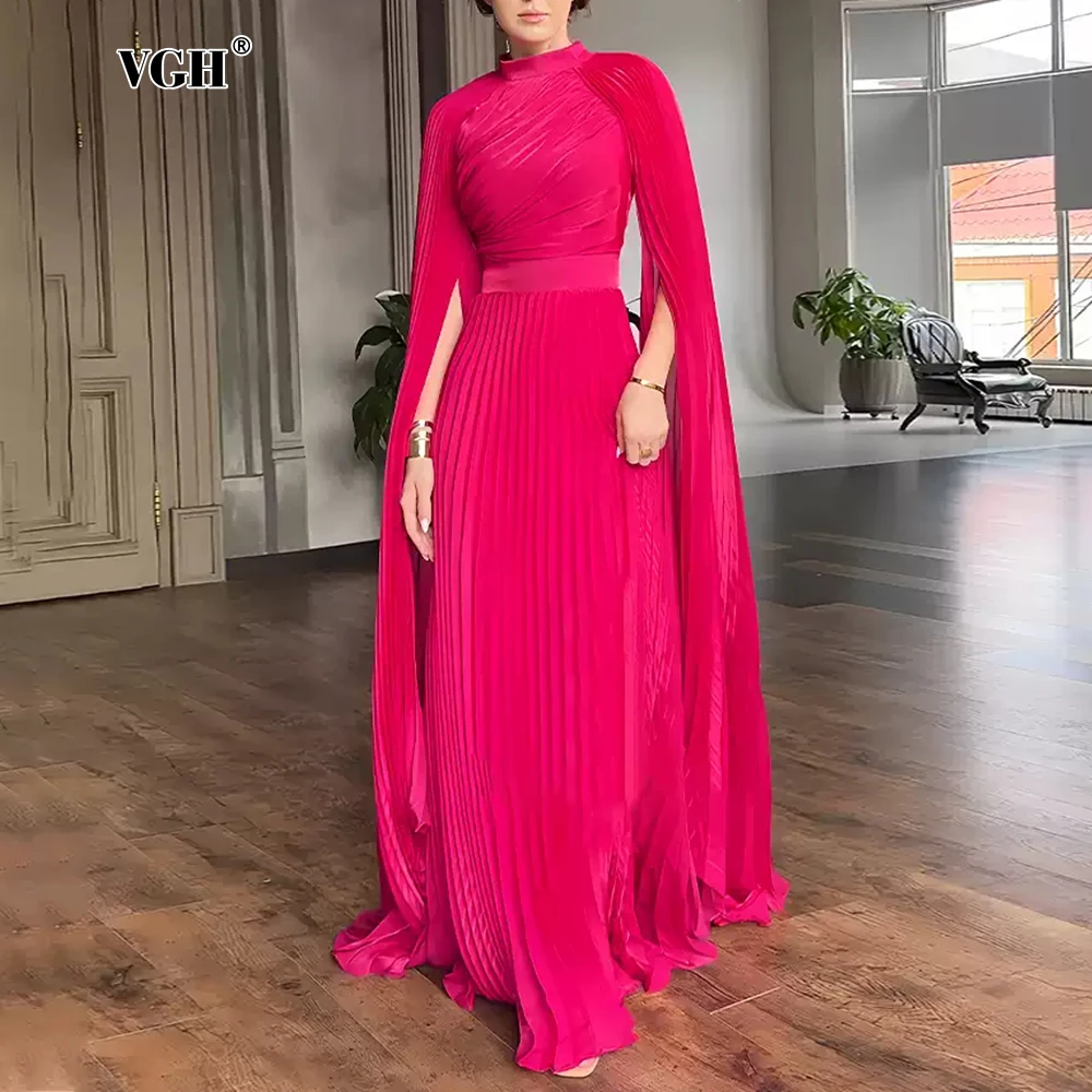 

VGH Solid Slimming Pleated Dresses for Women O Neck Extra Long Sleeves High Waist Temperament Ceremony Robe Female Fashion New