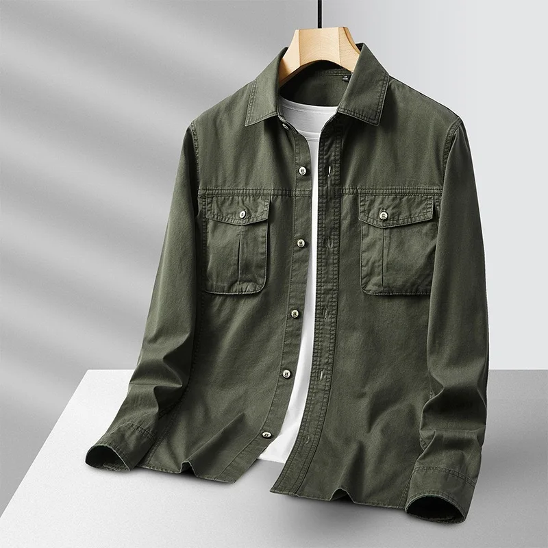 

Spring Autumn Cotton Work Shirt Men's Long Sleeve Loose Casual Style Double Pocket Breathable Comfortable Military Green Shirt
