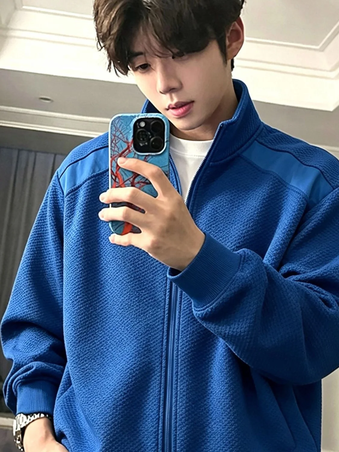 Cleanfit Men's Open Cardigan Sweatshirt Dragon Scale Pattern Slant Cut Stand Collar Jacket Shoulder Fit Autumn High End Feel