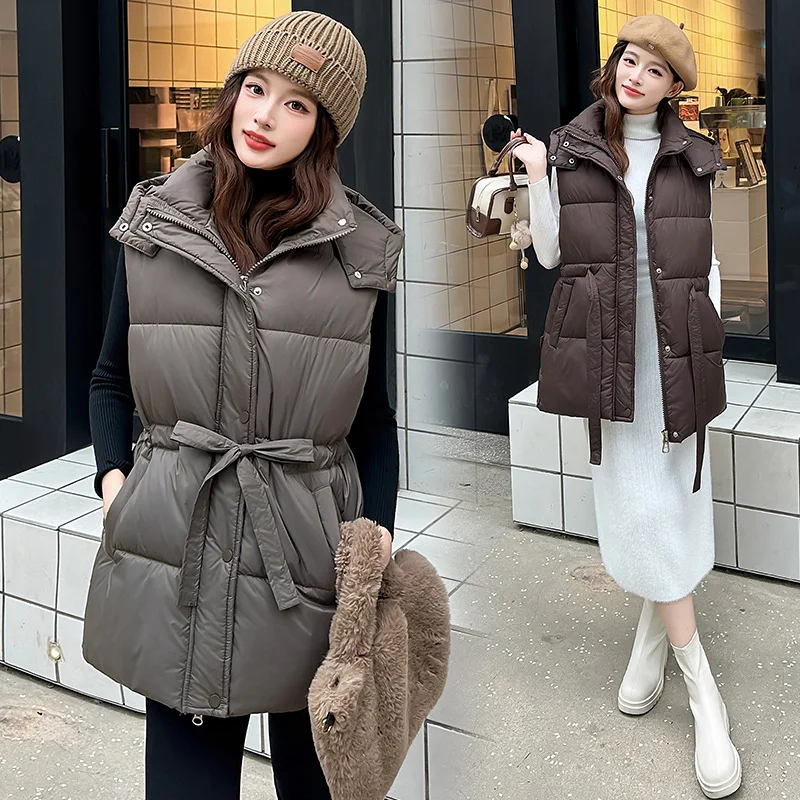 Women's winter jacket down cotton vest 2026 new Korean version hooded medium and long sleeveless jacket thermal cotton vest
