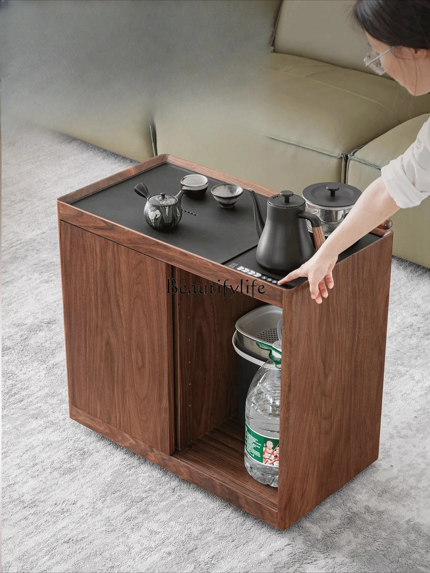 

ls 51 North American black walnut solid wood tea table small apartment household tea cabinet kettle integrated