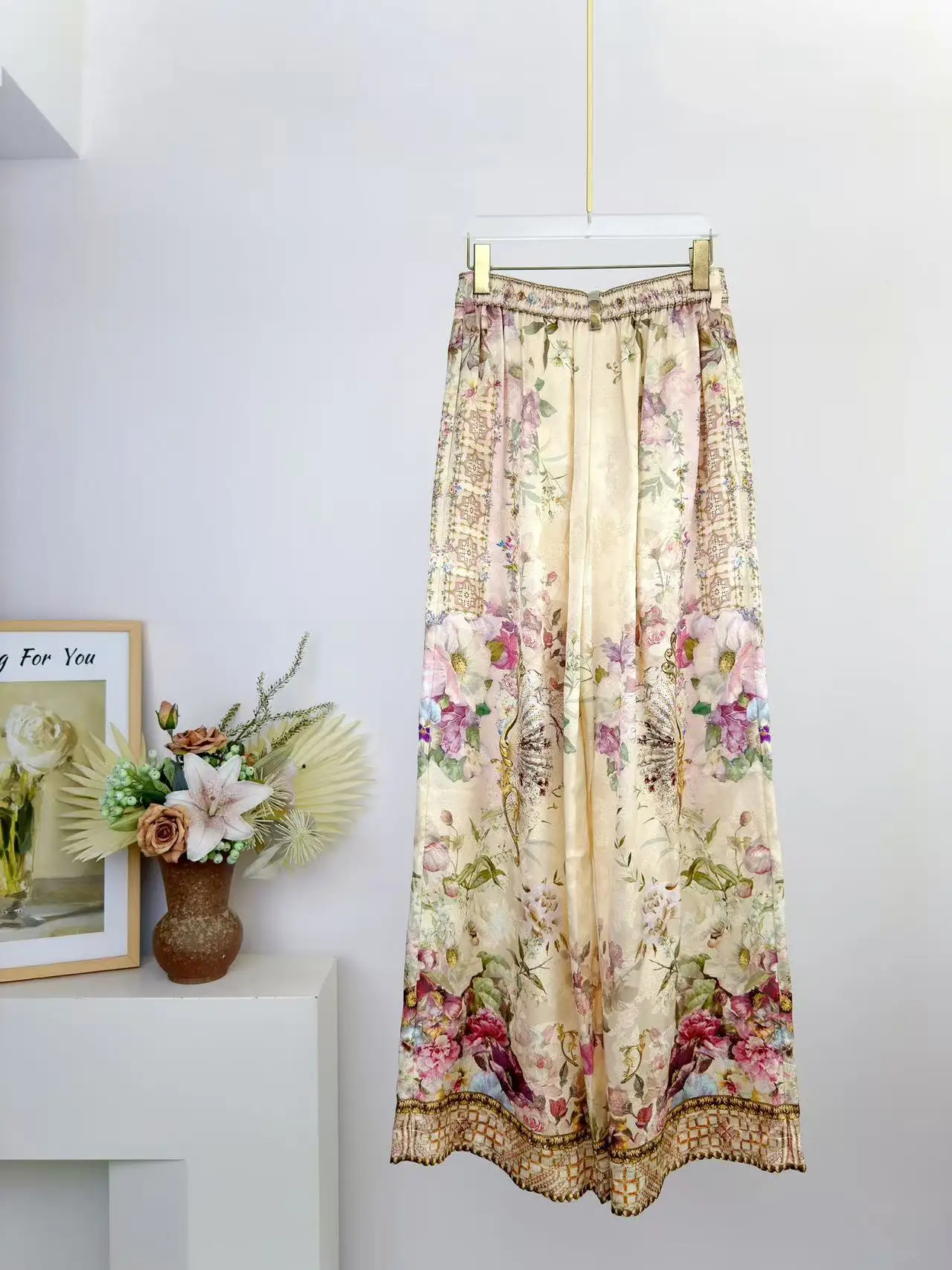 Spring Summer Fashion Casual Vintage Floral Print Silk Wide Leg Pants Women's Crystal Metal Ornament Straight Barrel Trousers