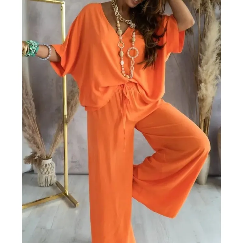 2024 Long Pant Sets Summer two piece set For Women V neck Bat Sleeve Casual Loose Wide-leg Pants 2 piece set solid color Outfits