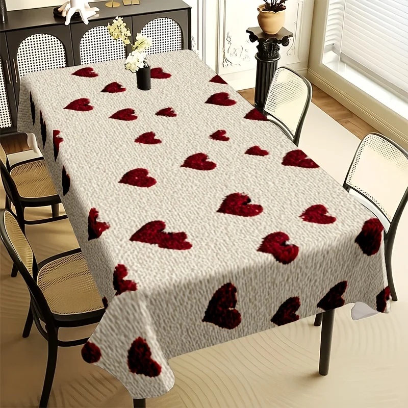 Red Heart Tablecloth, Off White Base With Plush Red Heart Print, Rectangular Table Cover for Valentine Wedding Home Decor