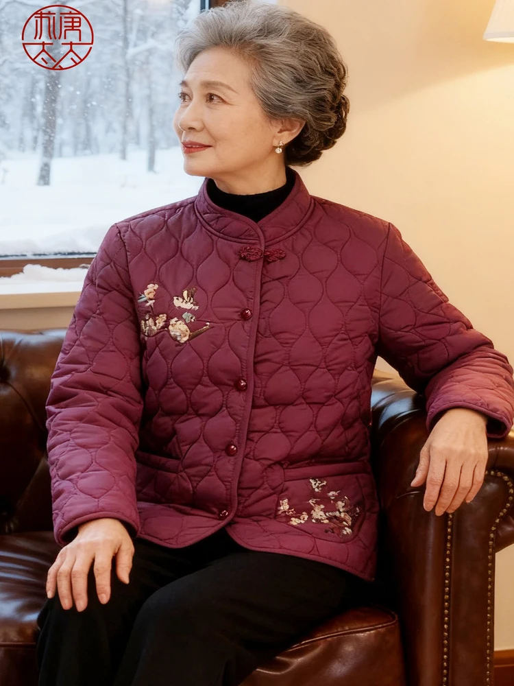 

Модная вышитая хлопковая куртка для пожилых женщин, теплая зимняя верхняя одежда свободного кроя, длинный рукав, на пуговицах