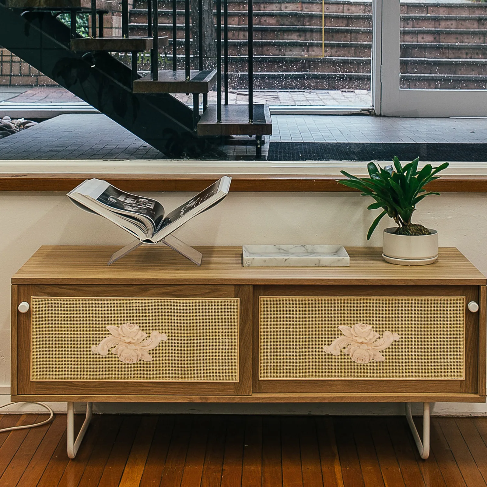 4Pcs Ukiran Kayu Motif Mawar Tanpa Cat Dekorasi Furnitur Pintu Lemari Hiasan Dinding Ukiran Onlay Applique