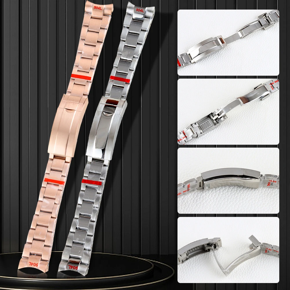 correa-de-reloj-de-20mm-de-ancho-correa-negra-oro-rosa-plateada-pulsera-de-ostras-de-acero-inoxidable-316l-solido-hebilla-plegable-enlace-solido