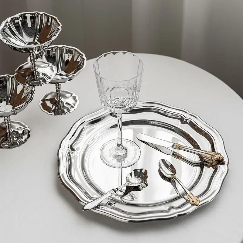 European stainless steel Western food plate model room Light luxury high-end lace tray ornament Household fruit snack plate