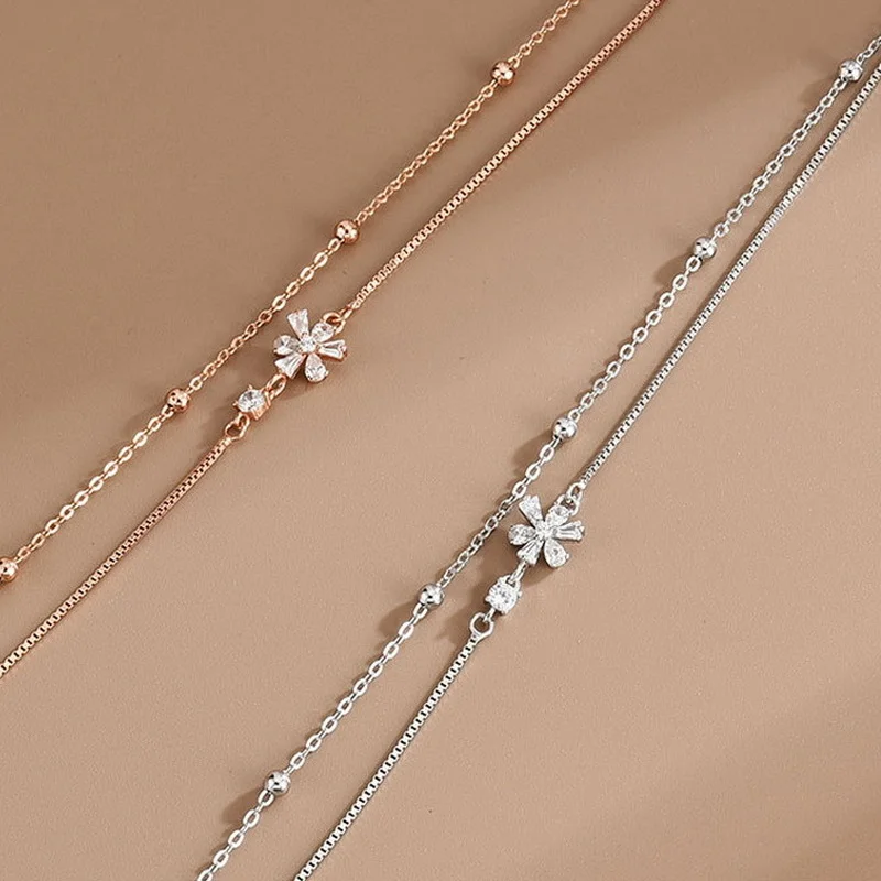 2022 Silver Color Double Layers Cherry Blossom Bracelets for Women Elegant Heart Chain Charm Bracelet Girl Birthday Party Gift