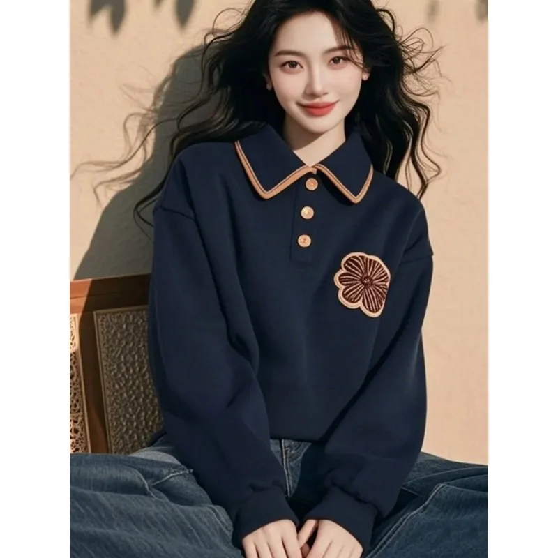 Frühling und Herbst Pullover Kontrast Farbe Casual Revers Pullover frauen Polo Kragen Lose Langarm Mode Top