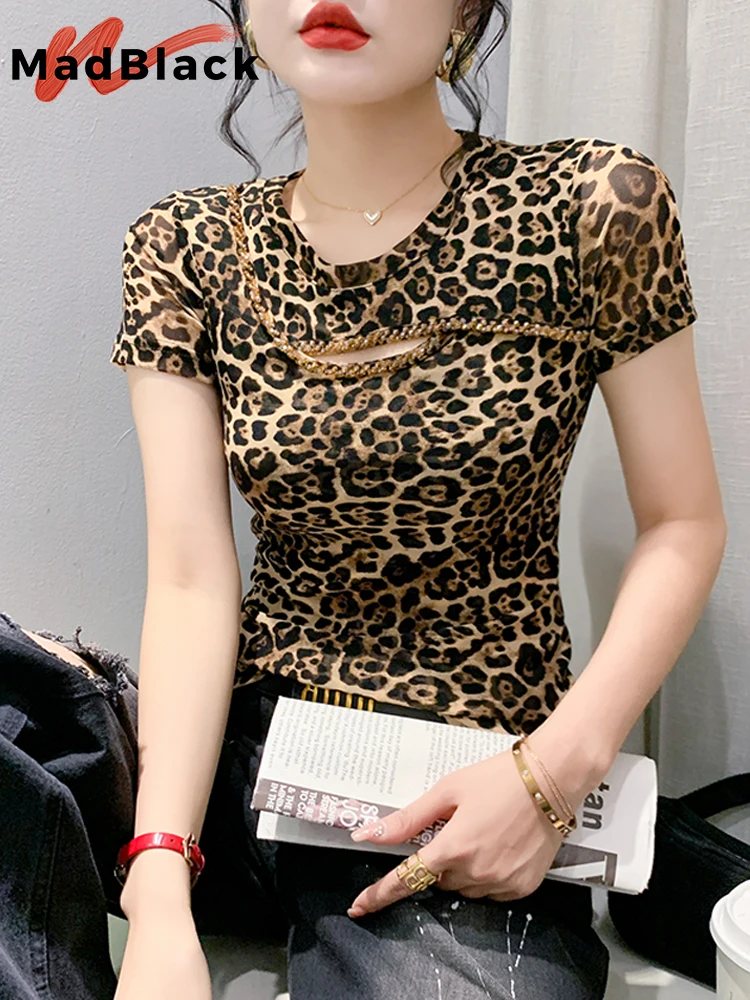 MadBlack Summer European Clothes T-Shirt Woman O Necks Leopard Beaded Slim Mesh Tops Short Sleeve Elastic Tees Hand Made T34204C