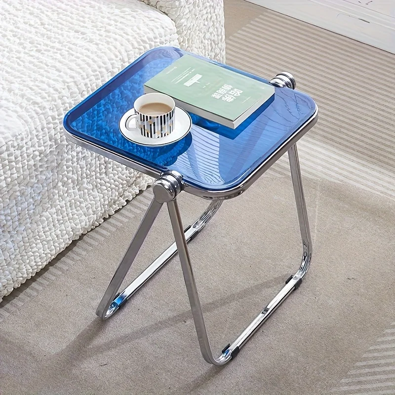 Acrylic Folding Side Table with Metal Frame, Sofa Bedside Laptop Table, Space Saving Small Coffee Table for Living Room Balcony