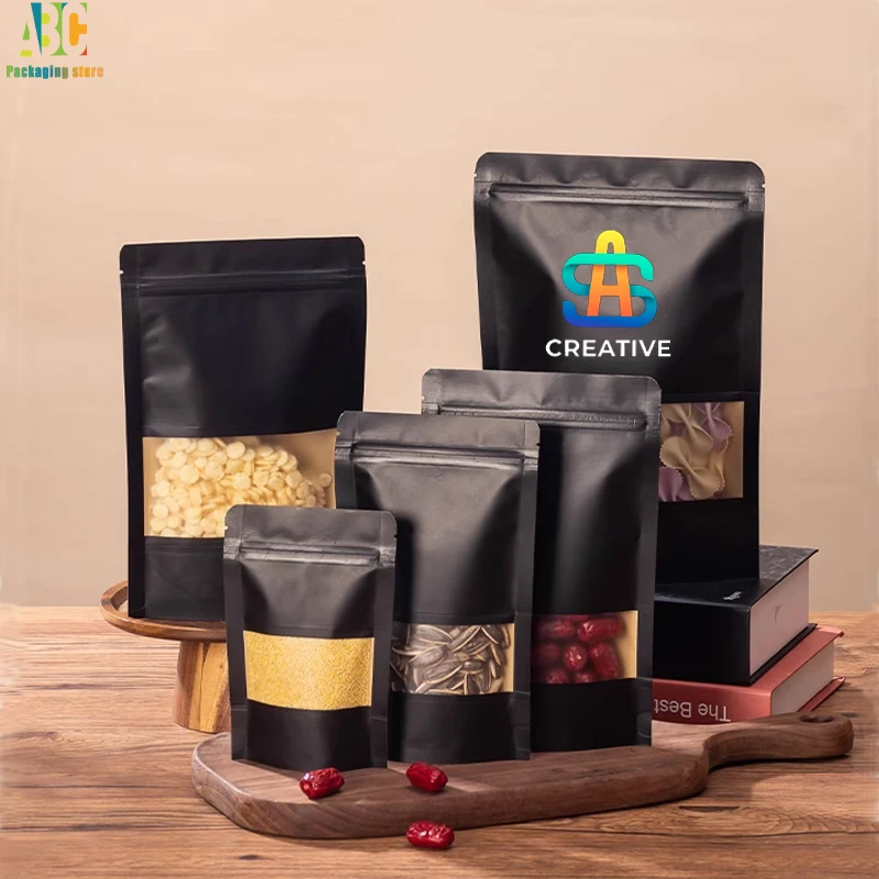 Black Kraft Paper Standing Bags with Window Zipper, Customize Print Logo for Nut Tea Coffee Snack Gift Packaging Pouch