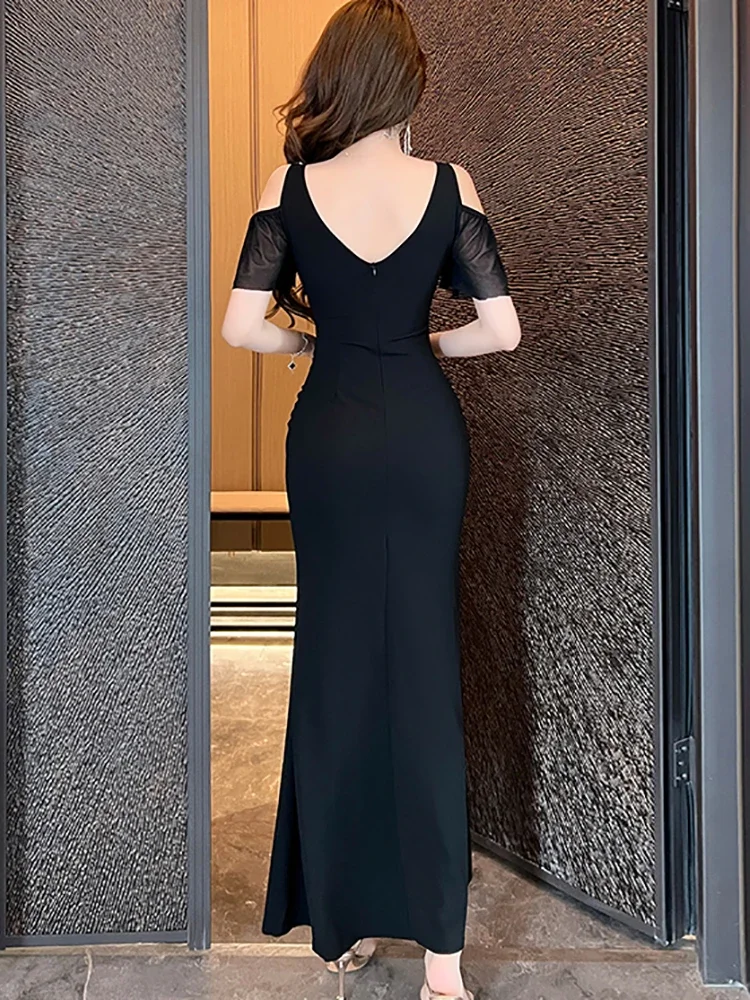 Women Korean Vintage Hepburn Luxury Long Dress Summer Black Sheer Sexy Sling Dress 2024 Elegant Bodycon Chic International Dress