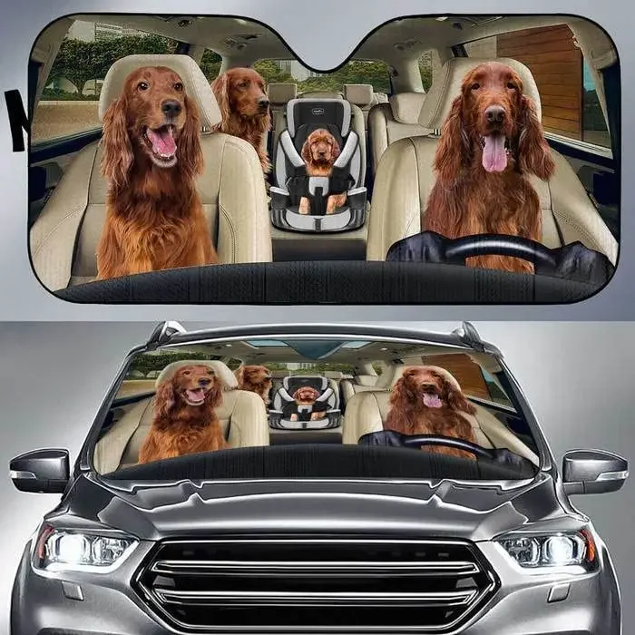 Funny Irish Setter Dog Family Driving Car Sunshade, Four Irish Setter Dogs Driving Together Auto Sun Shade, Windshield Visor for