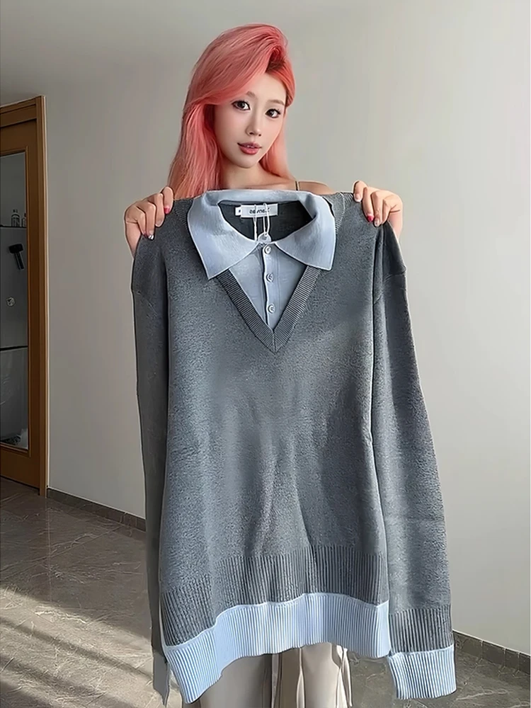 

Мужской вязаный свитер Ne V-Ne, повседневный двухсекционный дизайн с овальными плечами, свободный крой, длинный осенний топ све