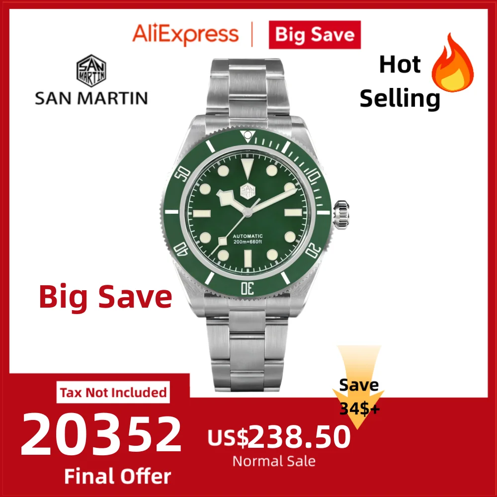 

San Martin 40mm Retro BB58 NH35 Diver Watch For Men Ghost Self Wind Mechanical Wristwatch Waterproof 20Bar Luminoius SN0008B
