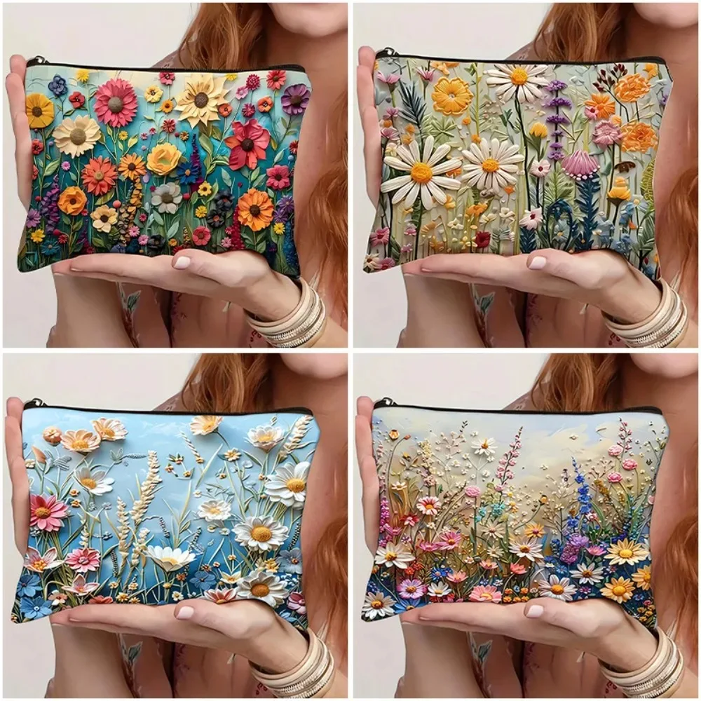 

Floral Travel Cosmetic Bag (2D Flat Non-Embroidery) Fashionable Style Zipper Cosmetic Storage Bag Portable Multi-Function Case