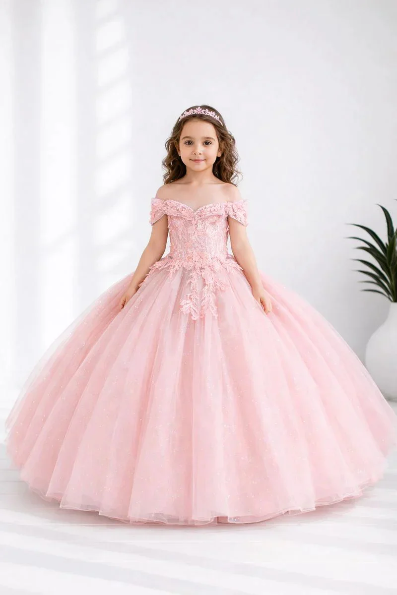 

Quality Lace Applique Flower Girl Dress for Wedding Off Shoulder Tulle Floor Lenght Kids Birthday Party First Communion Gowns