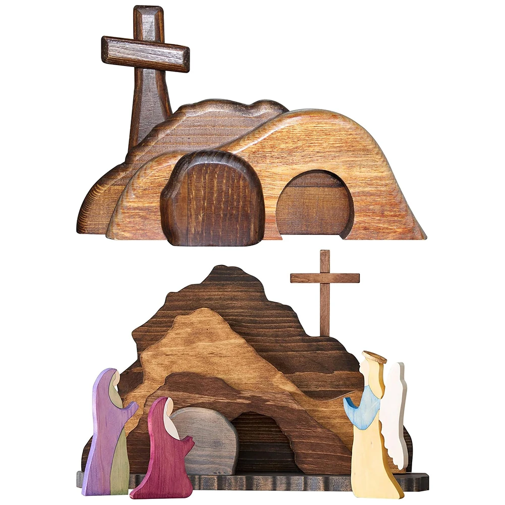 Escena de tumba vacía de Pascua, cruz de tumba vacía de madera, decoración religiosa creativa para decoración de actividades de Festival familiar